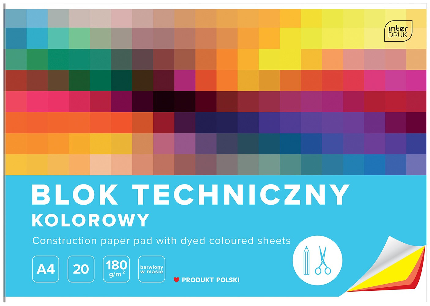 Blok techniczny A4, kolorowy, 180g, 20 kartek, Interdruk